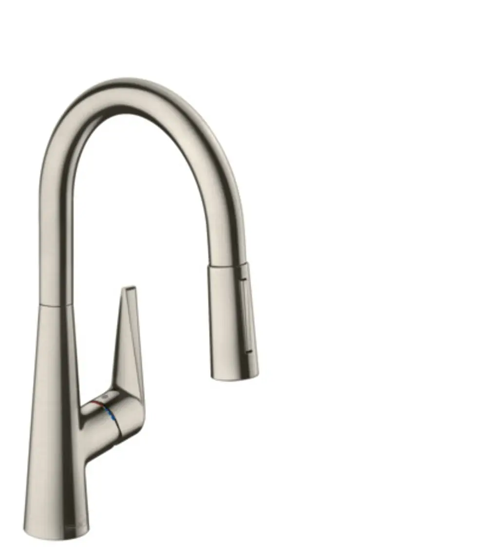 Hansgrohe Spültischmischer mit einem geschwungenen Auslauf und integrierter Ausziehbrause, in Edelstahl-Optik, geeignet für moderne Küchen.